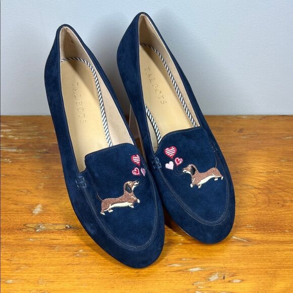 Talbots Navy Loafers with Dachshund Embroidery - Picture 1 of 7